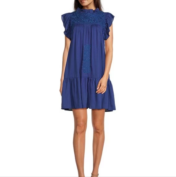 J.Marie Dresses & Skirts - J.Marie Kelsea Ruffled Neck Cap Sleeve Embroidered Tiered Dress